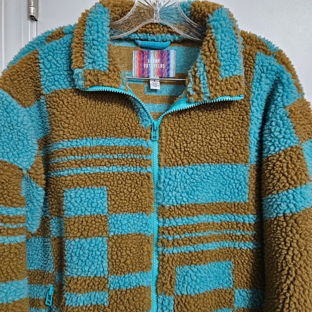 Urban Outfitters Fleece‎ Jacket Adult Sm Blue Brown Checkered Sherpa Full Zip